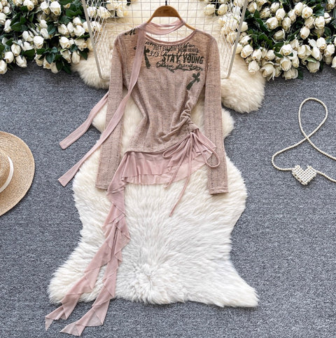 Print Drawstring Shirt with Ribbon