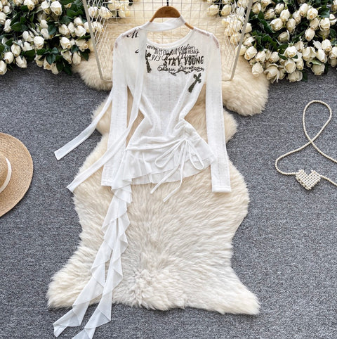 Print Drawstring Shirt with Ribbon