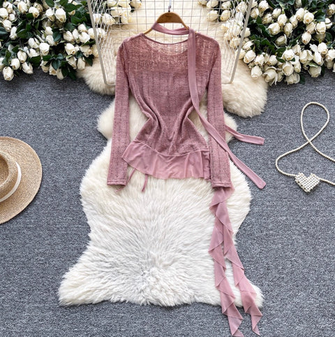 Print Drawstring Shirt with Ribbon