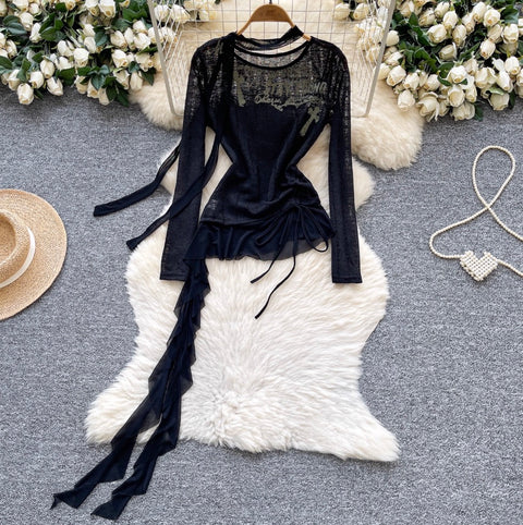 Print Drawstring Shirt with Ribbon