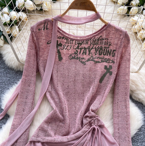 Print Drawstring Shirt with Ribbon