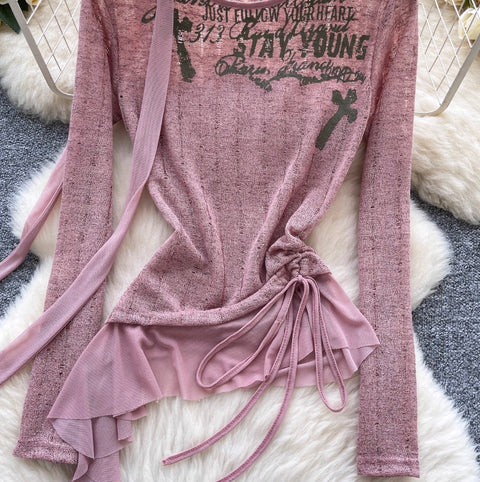 Print Drawstring Shirt with Ribbon