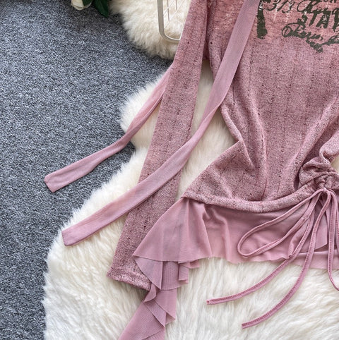 Print Drawstring Shirt with Ribbon