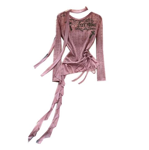 Print Drawstring Shirt with Ribbon