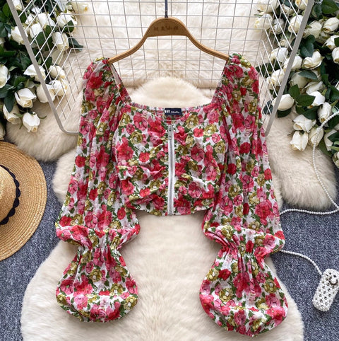 French Style Floral Print Top