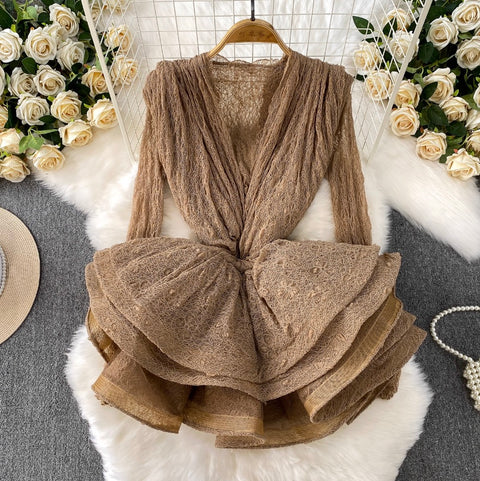 Irregular Design Ruffled Lace Dress 2Pcs