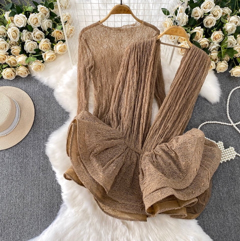 Irregular Design Ruffled Lace Dress 2Pcs