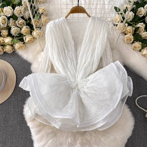 Irregular Design Ruffled Lace Dress 2Pcs