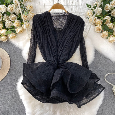 Irregular Design Ruffled Lace Dress 2Pcs