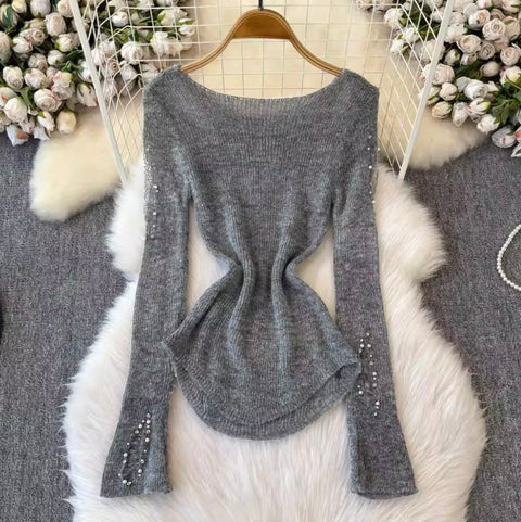 Irregular Design Beaded Ripped Knitwear