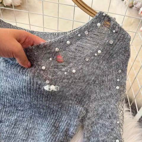Irregular Design Beaded Ripped Knitwear
