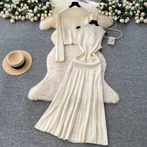 Beaded Sleeveless Dress & Cardigan 2Pcs