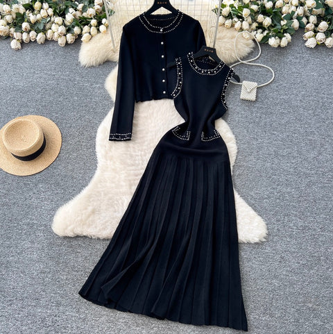 Beaded Sleeveless Dress & Cardigan 2Pcs