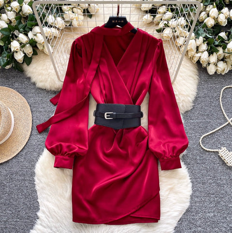 V-neck Satin Dress with Ribbon