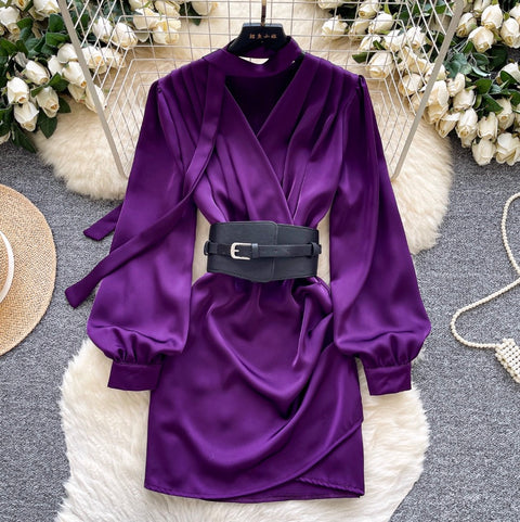 V-neck Satin Dress with Ribbon