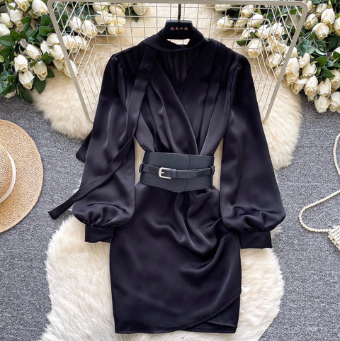 V-neck Satin Dress with Ribbon