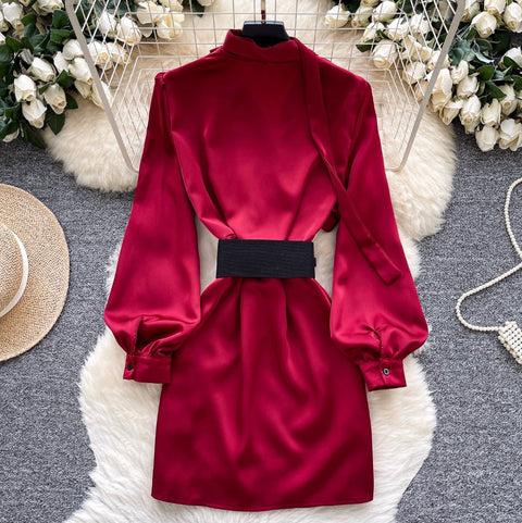 V-neck Satin Dress with Ribbon