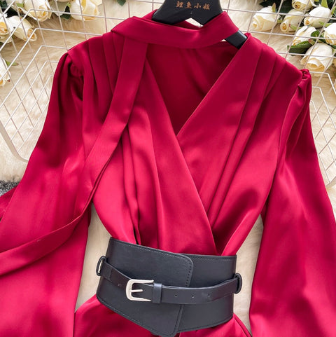 V-neck Satin Dress with Ribbon