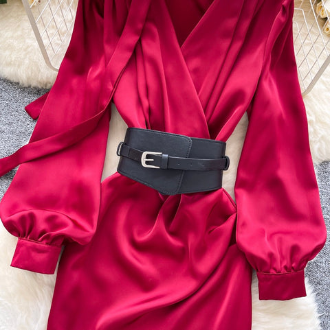 V-neck Satin Dress with Ribbon