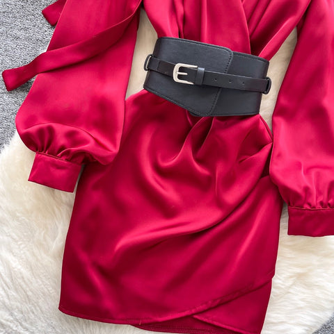 V-neck Satin Dress with Ribbon