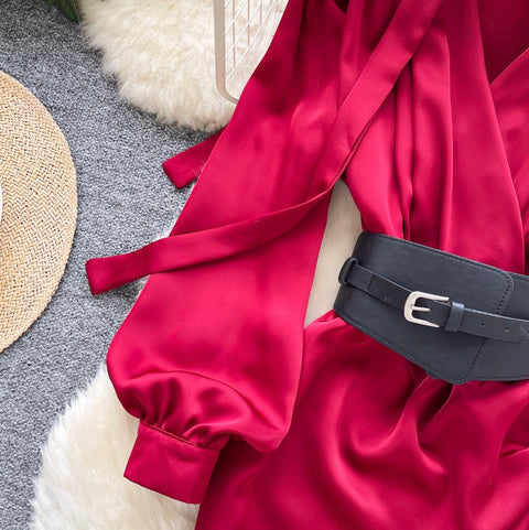 V-neck Satin Dress with Ribbon