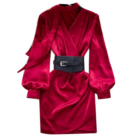 V-neck Satin Dress with Ribbon