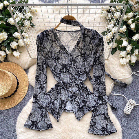 Flocking Mesh Flared Sleeve Shirt