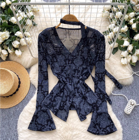 Flocking Mesh Flared Sleeve Shirt