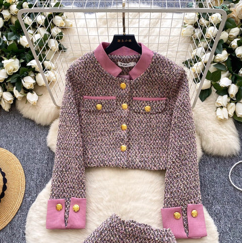 Tweed Blazer & Pleated Skirt 2Pcs