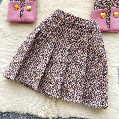Tweed Blazer & Pleated Skirt 2Pcs