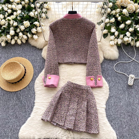 Tweed Blazer & Pleated Skirt 2Pcs