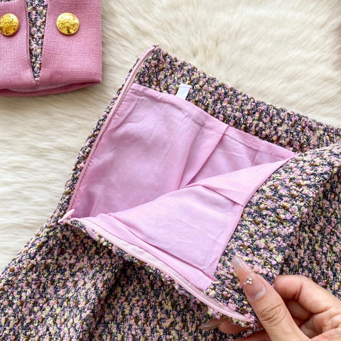 Tweed Blazer & Pleated Skirt 2Pcs