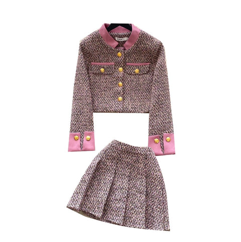 Tweed Blazer & Pleated Skirt 2Pcs