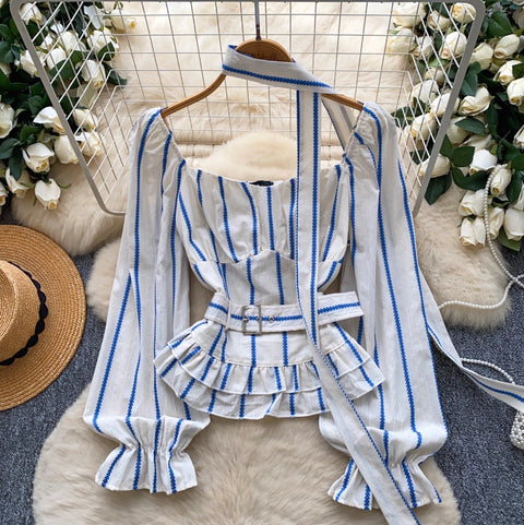 Square Neckline Striped Top with Ribbon