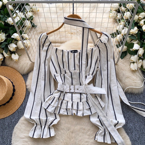 Square Neckline Striped Top with Ribbon