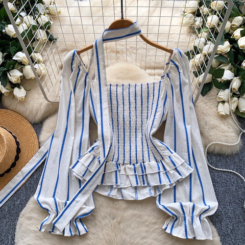 Square Neckline Striped Top with Ribbon