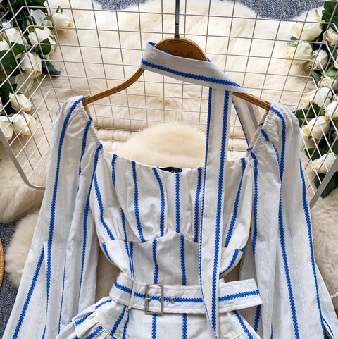 Square Neckline Striped Top with Ribbon