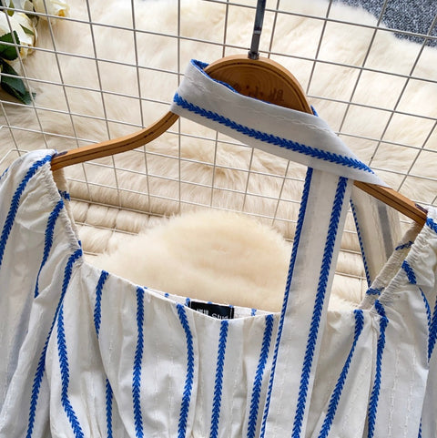 Square Neckline Striped Top with Ribbon