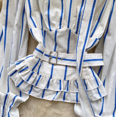 Square Neckline Striped Top with Ribbon