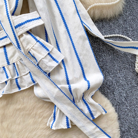 Square Neckline Striped Top with Ribbon