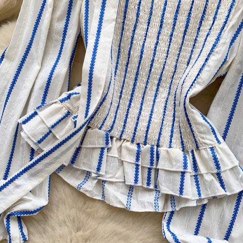 Square Neckline Striped Top with Ribbon