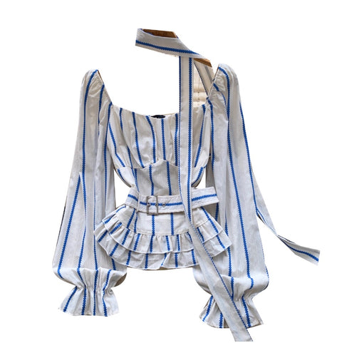 Square Neckline Striped Top with Ribbon