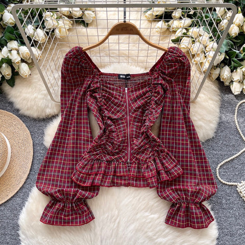 Zipped Puffy Sleeve Plaid Top