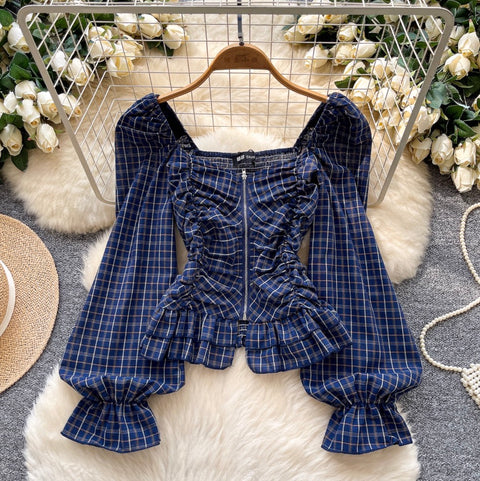 Zipped Puffy Sleeve Plaid Top