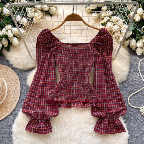 Zipped Puffy Sleeve Plaid Top
