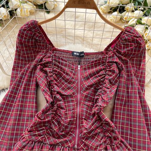 Zipped Puffy Sleeve Plaid Top