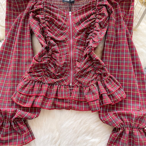 Zipped Puffy Sleeve Plaid Top