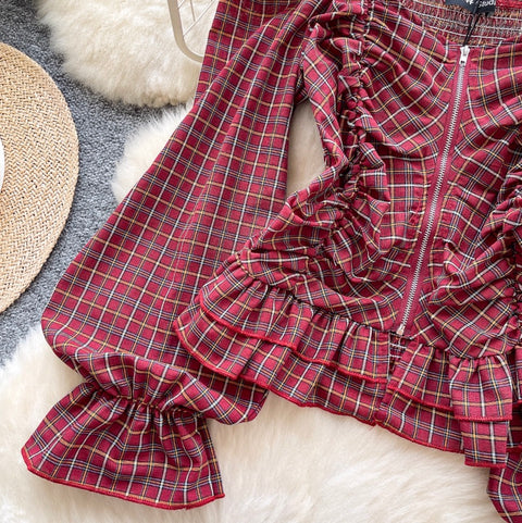 Zipped Puffy Sleeve Plaid Top