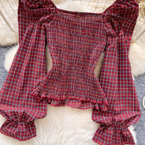 Zipped Puffy Sleeve Plaid Top