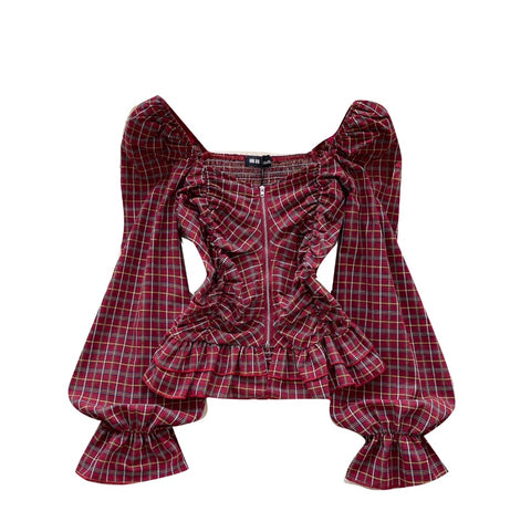Zipped Puffy Sleeve Plaid Top